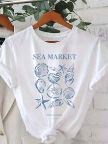 Camiseta Vintage Blanca para Mujer con Estampado Náutico de Mercado Marino con Conchas, Estrellas de Mar y Caballitos de Mar - Top Casual de Manga Corta para Playa, Conjuntos de Verano en Azul Turquesa y Blanco, Diseño Lavable de Vida Marina - Camiseta Unisex de Algodón de Manga Corta y Cuello Redondo Estilo Vintage Urbano - Blanco - Ver 6