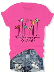 Talla Grande - Talla Grande - Camiseta Casual de Talla Grande para Mujer con Estampado de Pájaros Coloridos en Inglés, Ropa de Mujer para Primavera Verano - Rosa Fucsia - Ver 6