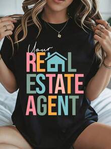 Elegant And Casual Women's Short-Sleeved, Casual T-Shirt With Colorful Real Estate Agent House Print, Black, For Everyday Summer Wear. - 黑色 - 查看 8