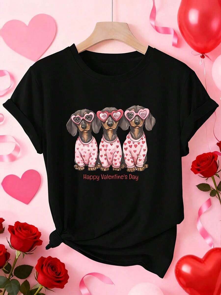 Nuevas llegadas para el verano. Camiseta de manga corta para mujer con estampado de mascota "Feliz Día de San Valentín" para el Día de San Valentín, elegante y a la moda, estilo casual deportivo para primavera, verano y otoño, suave y cómoda, con cuello redondo. Disponible en camiseta, blusa, camisa > Hermosa. - Negro - Ver 1
