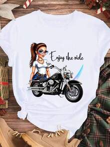 Elegante y casual para mujer, manga corta, camiseta casual para mujer, diseño de chica de dibujos animados montando en moto, disfruta del viaje, ropa de verano blanca para actividades al aire libre. - Blanco - Ver 3