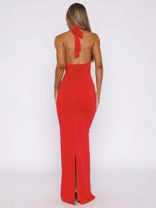 Vestido largo sin mangas cuello V ajustado con lazos espalda descubierta estilo europeo elegante verano para mujer - Rojo - Ver 3
