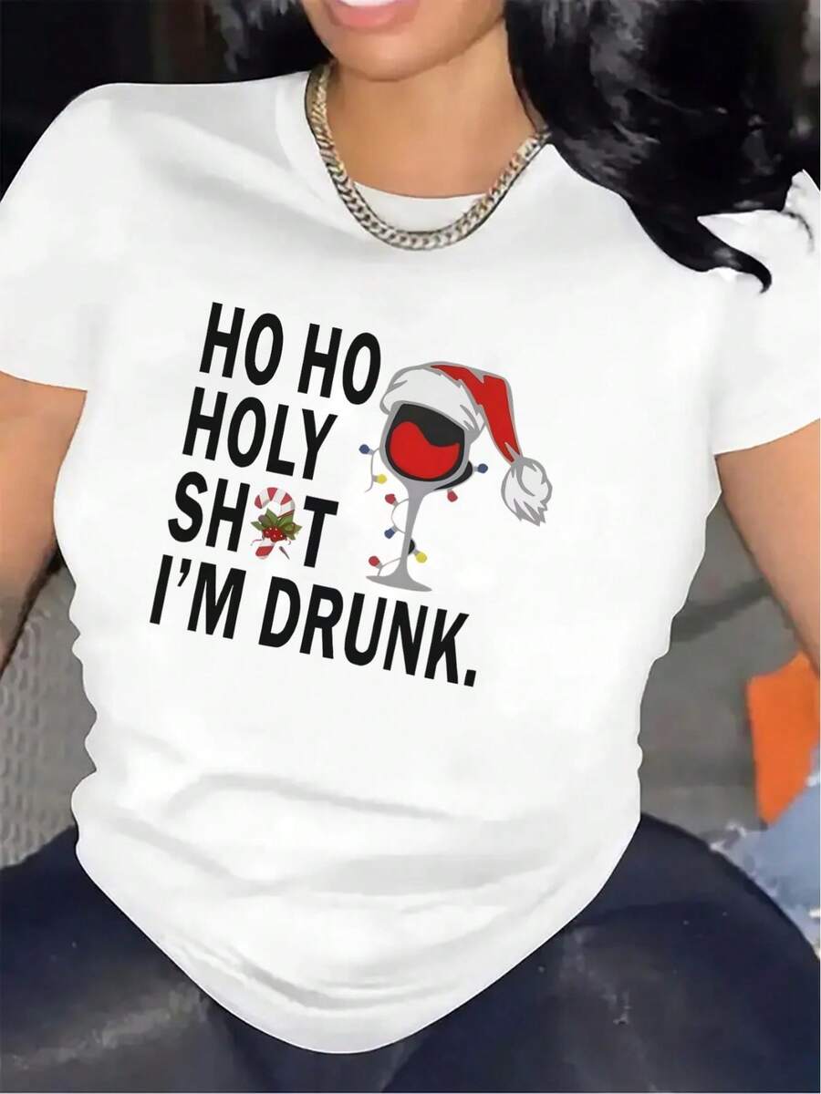 Camiseta de manga corta para mujer | Material de fibra, diseño navideño divertido, patrón de gorro navideño y copa de vino, ligero y duradero, perfecto para fiestas navideñas, restaurantes o uso en el hogar, ajuste cómodo, estilo casual, cuello redondo, tela ligeramente elástica. - Blanco - Ver 1