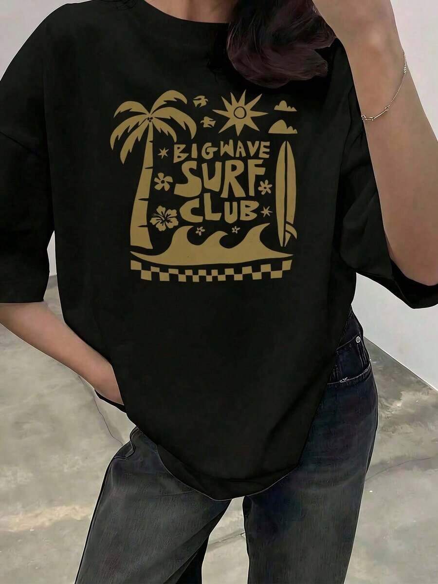 CasualCamiseta Holgada con Estampado "Big Wave Surf Club" Dorado con Palmeras y Olas, Cuello Redondo de Manga Corta, Top Casual de Playa Retro, Ropa Cómoda para Vacaciones de Verano y Uso Diario, Estilo Surf VintageMust-have - Negro - Ver 1