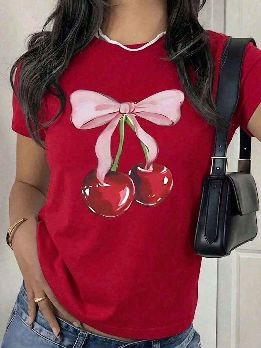 CasualPlayera Negra Liso de Mujer Ajustada, Camiseta Estética Coquette Y2K con Gráfico de Cereza y Moño Rosado, Tops de Moda Juvenil y Casual, Blusas Bonitas Elegantes para Mujer, Ropa Vintage de Verano, Camisas LindasMust-have - Rojo - Ver 1