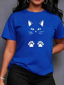 NewSummerCasualTop de Verano para Mujer, Camiseta Casual de Manga Corta con Diseño de Cara de Gato y Huellas, Ropa Casual Diaria, Tejido Ligero y Transpirable, Top Casual para Mujer |     Tops de Verano para Mujer - Camiseta de Manga Corta con Cuello Redondo de Algodón Suelto Estilo Vintage Urbano Unisex - Azul - Ver 1