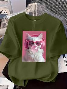 Camiseta de manga corta para mujer, estampada con diseño de gato, cuello redondo, estilo casual para todas las estaciones, ideal para vacaciones de verano. - Verde - Ver 12