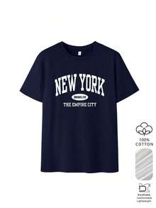 Women's 100% Cotton Loose-Fitting T-Shirt, Vintage New York/Brooklyn Style, Comfortable, Breathable, Casual, Retro College Style, Short Sleeve, Inspired By The Classic City, Suitable For School, Weekend Brunches, Travel And Everyday Street Wear. - 海軍 - 查看 2