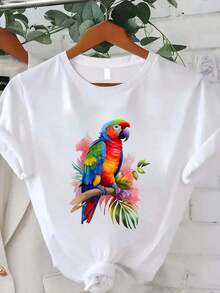 Women's Round Neck T-Shirt With Parrot Print, Casual Summer T-Shirt, Sporty, For Fitness, Daily Wear, Outdoor, At Home, Breathable, Short Sleeve. - 白色 - 查看 6