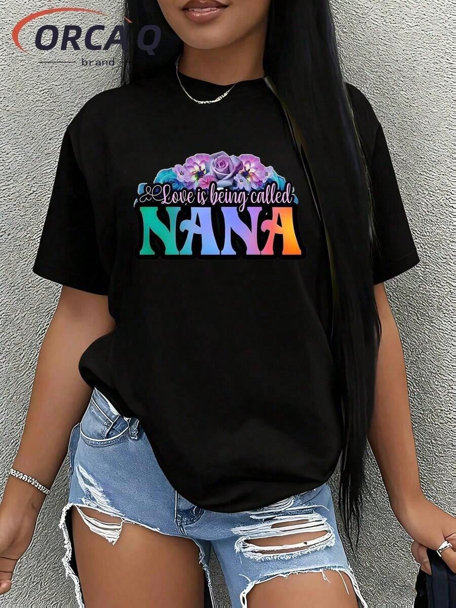 Ropa Curvy En Oferta Y  Una Camiseta De Manga Corta Para Mujer, Moderna, A La Moda, Retro Y Holgada, Adecuada Para Actividades Al Aire Libre En Primavera Y Verano. La Nueva Camiseta De Verano Para Mujer 2026 Presenta Un Estampado Floral De La Letra NANA Que Evoca Sentimientos CáLidos. Tiene Un Estilo Suave, Corte Holgado, Es Unisex, Casual, CóModa Y Está Hecha De Tela Suave, Adecuada Para Todas Las Estaciones. Blusas Para Mujer,Blusas Casuales Para Dama,Tops,, Mujer Premium,Y2K,Playeras De Mujer Curvy,Ofertas Y Liquidaciones Ropa Mujer,Playeras Deportivas Para Mujer,,Playeras De Hombre, Mujer,Blusas>Elegante 6GRTCamisetas Para Mujer Y2K - Negro - Ver 1