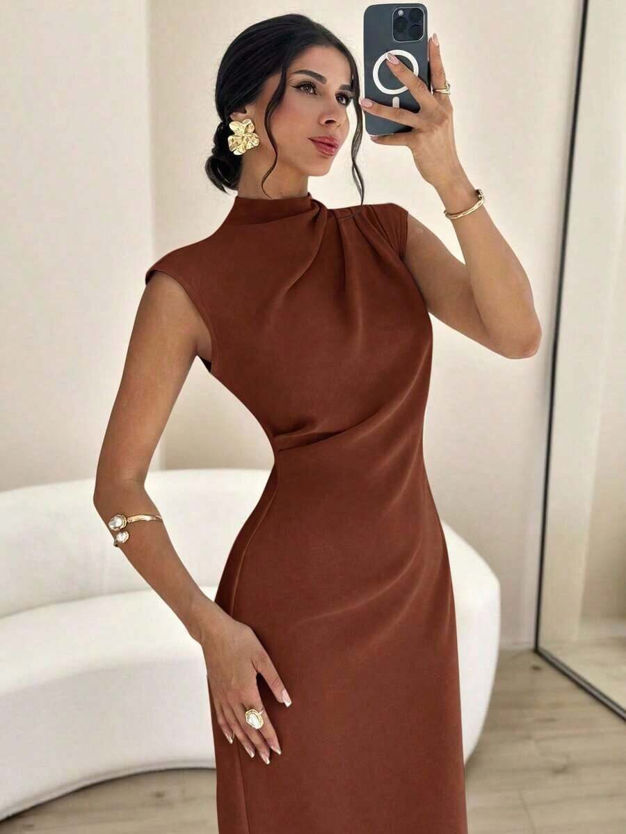 Vestido largo de verano elegante y minimalista para uso diario, viajes y ocasiones casuales, con cuello mao, mangas drapeadas y cintura ceñida, color albaricoque - Marrón - Ver 1