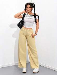 Jeans rectos y sueltos con bolsillos - Amarillo - Ver 3