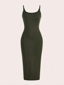BASICS Vestido casual de cena y citas de unicolor con tirantes de espagueti y silueta ajustada - Verde militar - Ver 1