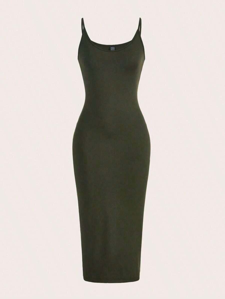 BASICS Vestido casual de cena y citas de unicolor con tirantes de espagueti y silueta ajustada - Verde militar - Ver 1