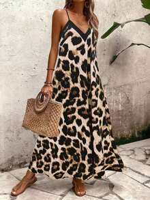 Tall Vestido de línea A con estampado de leopardo para mujer, adecuado para vacaciones y uso diario - Multicolor 2 - Ver 4