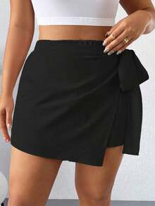 Falda pantalón informal de aspecto de mezclilla con doblez asimétrico y nudo lateral para mujer talla grande - Negro - Ver 4