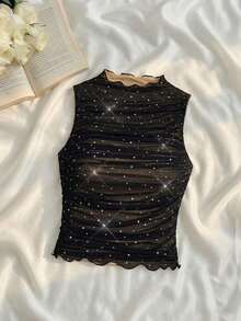 Top sin mangas con cuello alto y fruncido en unicolor, top negro de club, tops de malla para fiestas, despedida de soltera, tops para citas, salir, primavera/verano, top de fiesta, vacaciones, cumpleaños, festival, playa, top elegante - Negro - Ver 2