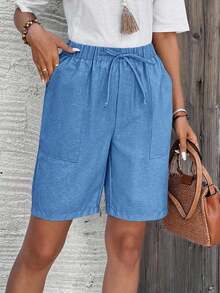 Bermudas, unicolor, con bolsillos laterales, corte holgado, longitud hasta la rodilla, cintura media, estilo básico - Azul - Ver 4