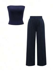 Conjunto de 2 piezas de ropa de otoño Vaiaye: Top corto ajustado y sexy sin tirantes, camiseta básica de unicolor elástica y ajustada, top tipo bandeau para yoga; Conjunto de pantalones para primavera/verano - Marina de - Ver 3