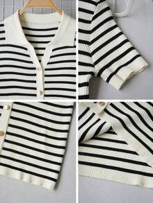 de punto con cuello polo y mangas raglán cortas para mujer, ligera y versátil, ideal para primavera/verano - tiras de albaricoque negro - Ver 8