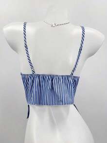 Blusa de verano informal para mujer con rayas y volantes en los tirantes - Azul - Ver 4