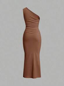 Vestido largo de tipo cola de pez minimalista con hombro asimétrico en color liso, arrugado, para uso diario casual - Café integral - Ver 2