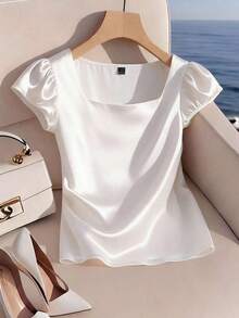 Blusa casual elegante de satén con cuello cuadrado francés, mangas de pétalos y pliegues, adecuada para ir al trabajo, uso diario, reuniones y fiestas, primavera/verano - Blanco - Ver 6