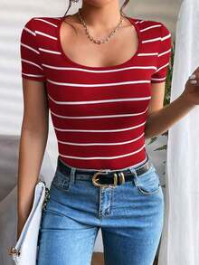 Camiseta de rayas de cuello scoop - Rojo - Ver 1