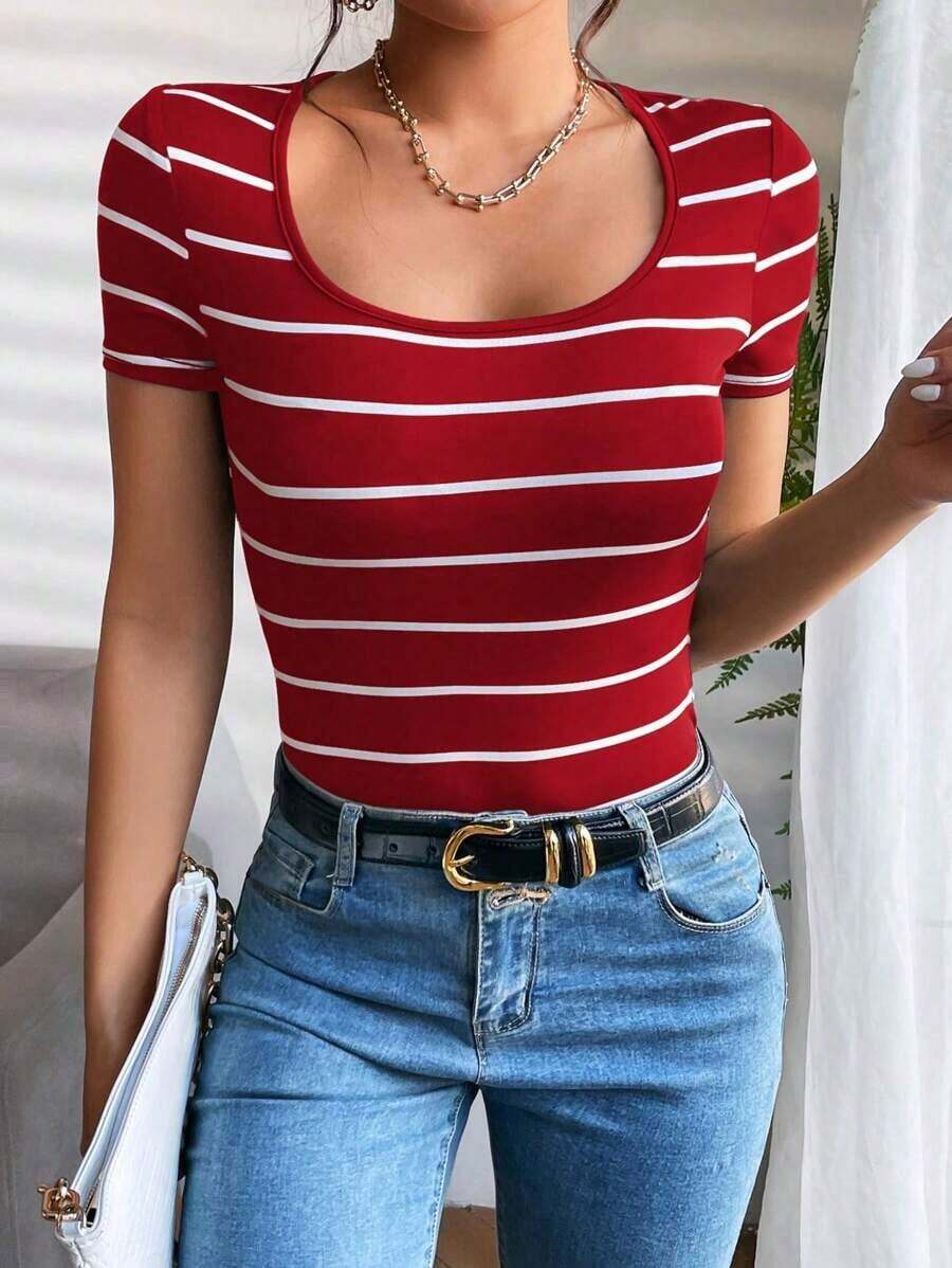 Camiseta de rayas de cuello scoop - Rojo - Ver 1