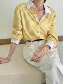 Camisa con botones con estampado de rayas, Top de manga larga - Amarillo - Ver 7