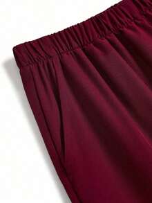 Conjunto de uniforme de pijama de unicolor con parches, cuello en V y manga corta - Burdeos - Ver 8