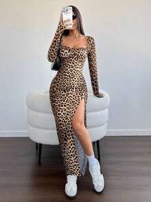 Vestido largo con cuello cuadrado, manga larga y bajo con abertura, estampado de leopardo, para uso casual diario en otoño/invierno - Multicolor 3 - Ver 6