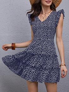 Vestido Floral De Estilo Romántico Con Volantes En Los Orificios De Los Brazos, Con Corte Asimétrico Y Detalles Decorativos De Volantes En Capas - Azul marino - Ver 4