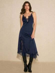 YHHPoéselle Vestido largo de satén con abertura alta y parches de encaje de unicolor para mujerYHH - Azul marino - Ver 3