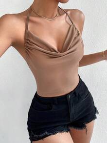 Top halter de cuello con fruncido de espalda abierta con cordón - Marrón Mocha - Ver 3