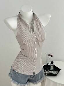 Camisa informal de mujer ajustada de rayas sin mangas con cuello - Camel - Ver 9