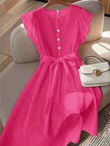 Vestido de mujer de longitud media, cómodo y suave, sin estiramiento, con cuello redondo, mangas de vuelo, cintura elástica, decoración de botones de perla, estilo francés elegante y versátil para vacaciones y viajes, color albaricoque, primavera - Rosa Fucsia - Ver 8