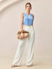 Camiseta sin mangas con detalle de pliegues y ribete de contraste para mujer, blusa formal elegante para el transporte urbano, uso casual de negocios - Azul - Ver 6