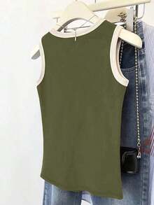 Camiseta de tirantes casual y versátil con ribete de contraste y cuello redondo para el verano - Verde militar - Ver 2