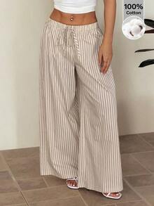 Pantalones casuales anchos de pierna ancha con rayas para mujer - Caqui 2 - Ver 1