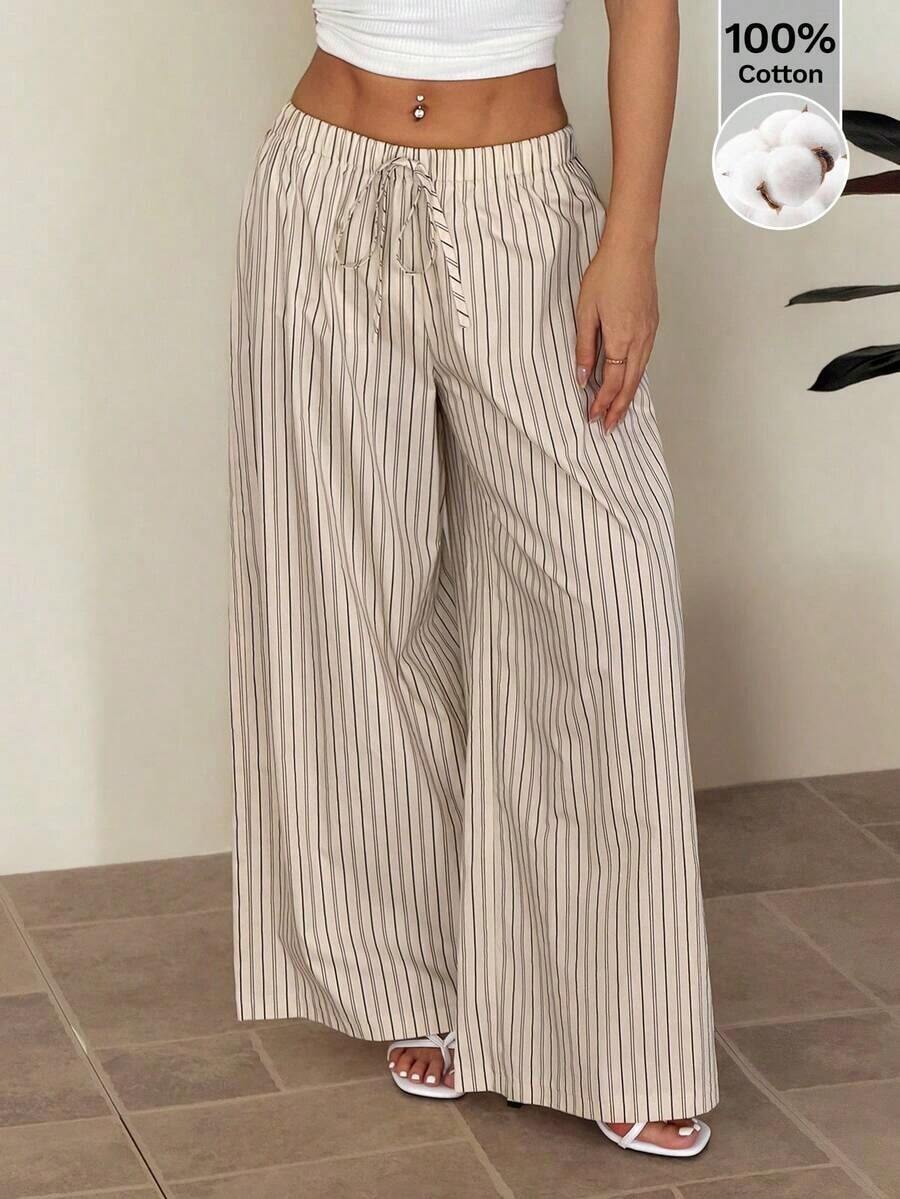 Pantalones casuales anchos de pierna ancha con rayas para mujer - Caqui 2 - Ver 1