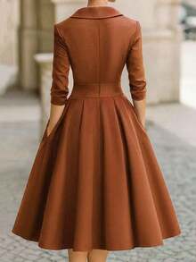 elegante y de moda francés al estilo europeo y americano, vestido formal de cintura ceñida de estilo minimalista, vacacional y casual japonés y coreano, vestido de dama elegante y sexy de escote profundo en V y ajustado al Body para otoño/invierno - Marrón - Ver 2