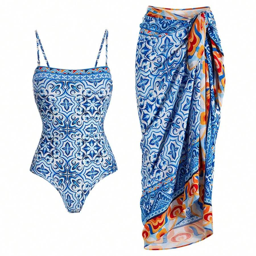 New  Blue Printed One-Piece Swimsuit Set For Women - Set - View 1