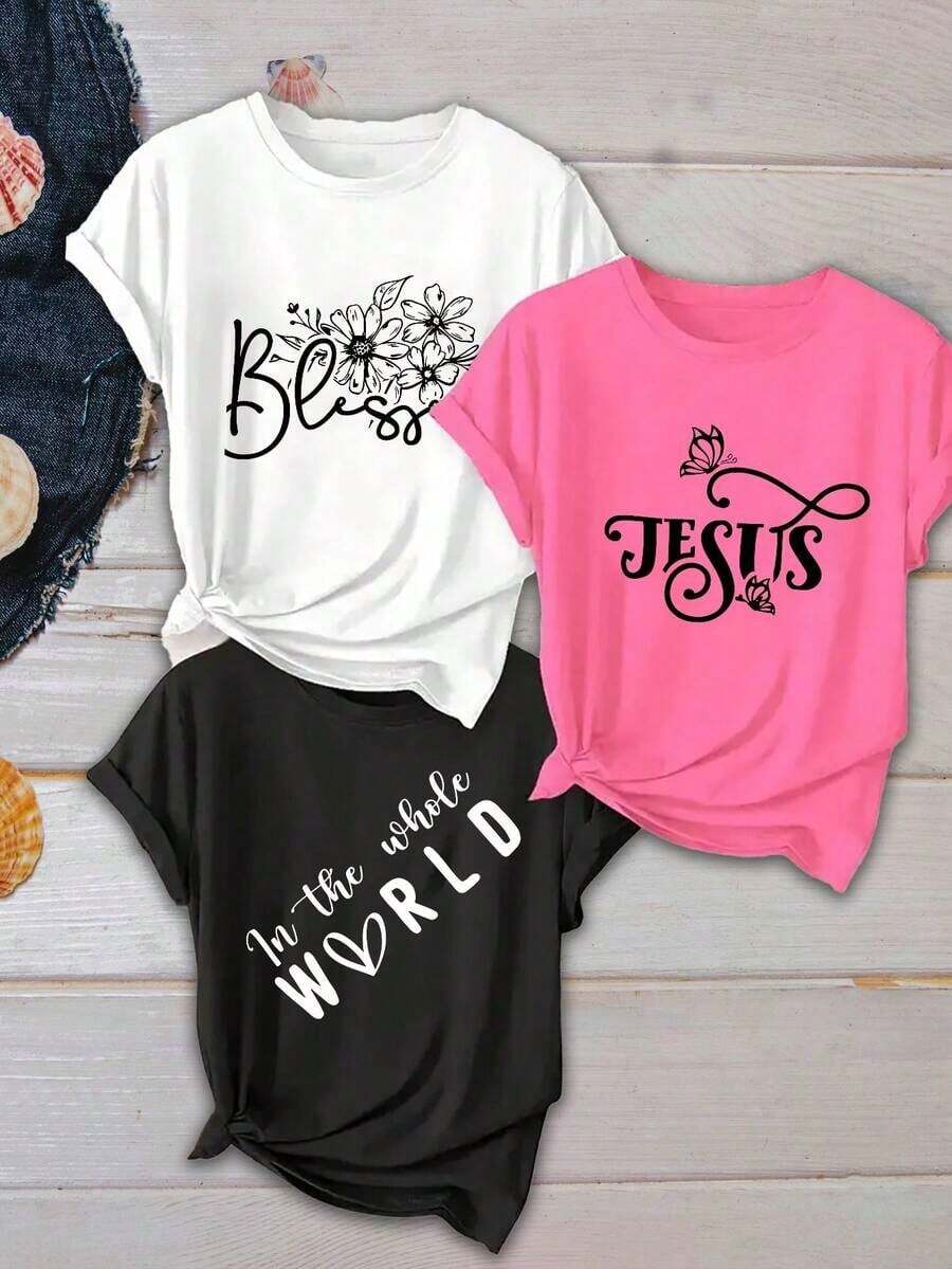 Set Of 3, Unit 1 New 2026 Model: Women's Casual Short Sleeve T-Shirt, Jesus Pattern Print, Round Neck, Pure Cotton, Breathable, Casual Sporty Style, Ideal As A Holiday Gift. - 白色 - 查看 1