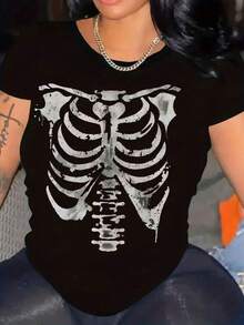 Camiseta para mujer, torso de calavera, manga corta, cuello redondo, moda 2025, transpirable Mujer estilo urbano estampado esqueleto ajuste holgado cuello redondo manga corta primavera verano casual camiseta - Negro - Ver 6