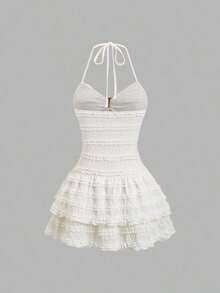 Petite Vestido de mujer con cuello en V y lazo en la cintura, color albaricoque, para primavera/verano - Albaricoque - Ver 2