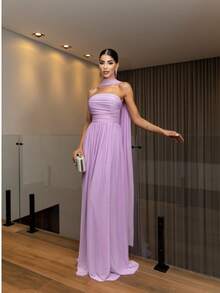 Long Dress With Cape For Wedding, Evening, Or Graduation. - Lilac Purple - View 1