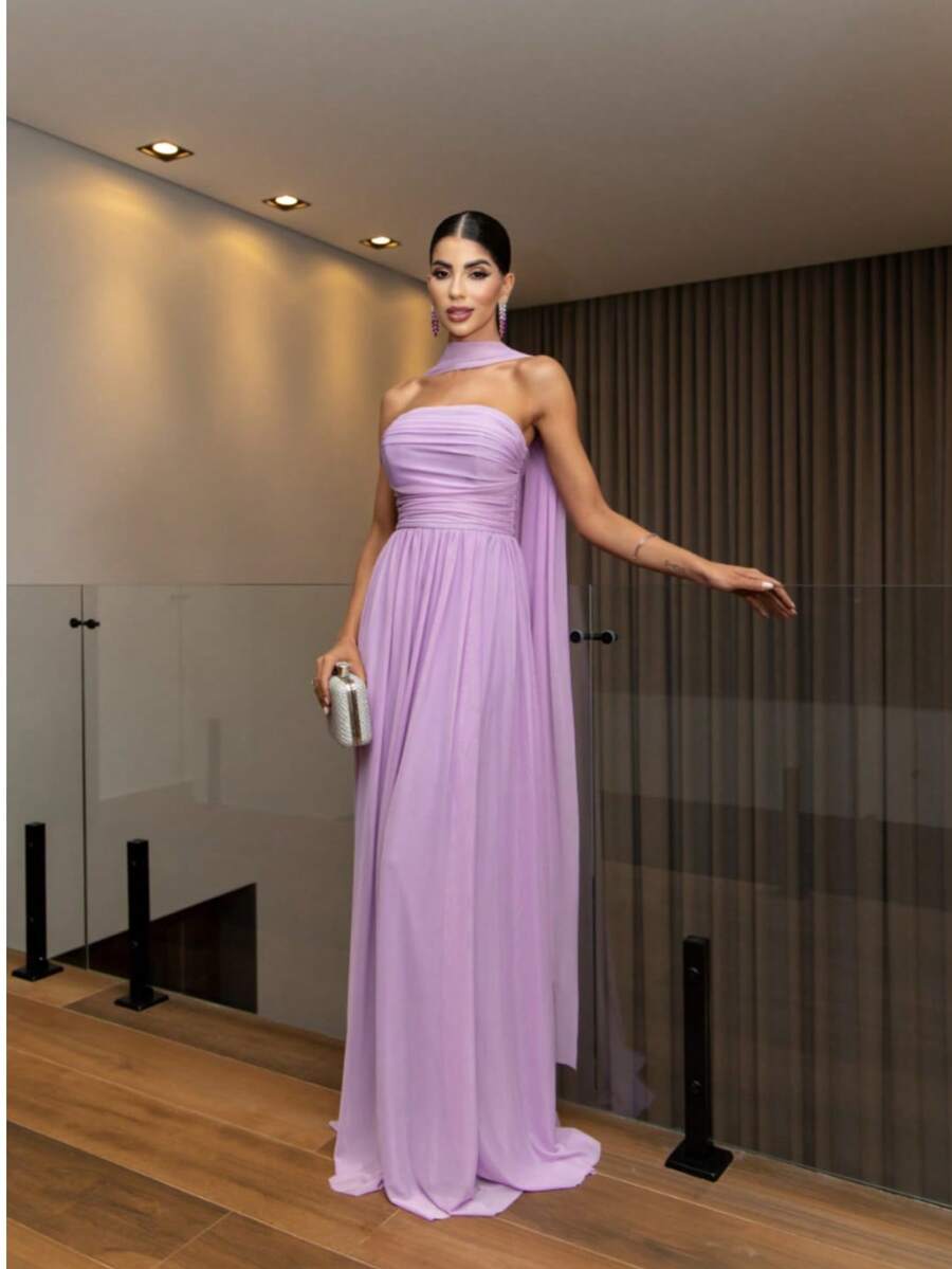 Long Dress With Cape For Wedding, Evening, Or Graduation. - Lilac Purple - View 1