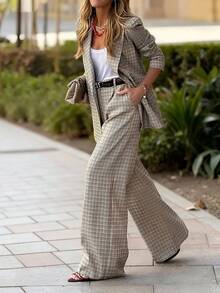 Conjunto de traje a cuadros ligero para mujer, chaqueta y pantalón de pierna ancha a medida, elegante y de moda, conjunto de 2 piezas para oficina en primavera - Café integral - Ver 9