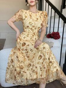 Vestido de mujer con decoración de encaje floral completo para vacaciones, ropa de verano para mujer, vestido de graduación, vestido de invitada de boda para mujer, vestido de cóctel de verano - Dorado - Ver 5